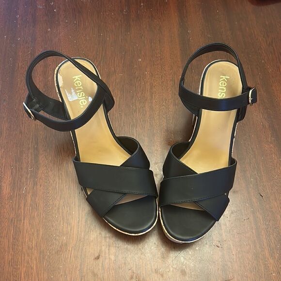 Kensie Carsyn black open toed cork platform heeled sandals Size 9 EUC - Picture 6 of 8